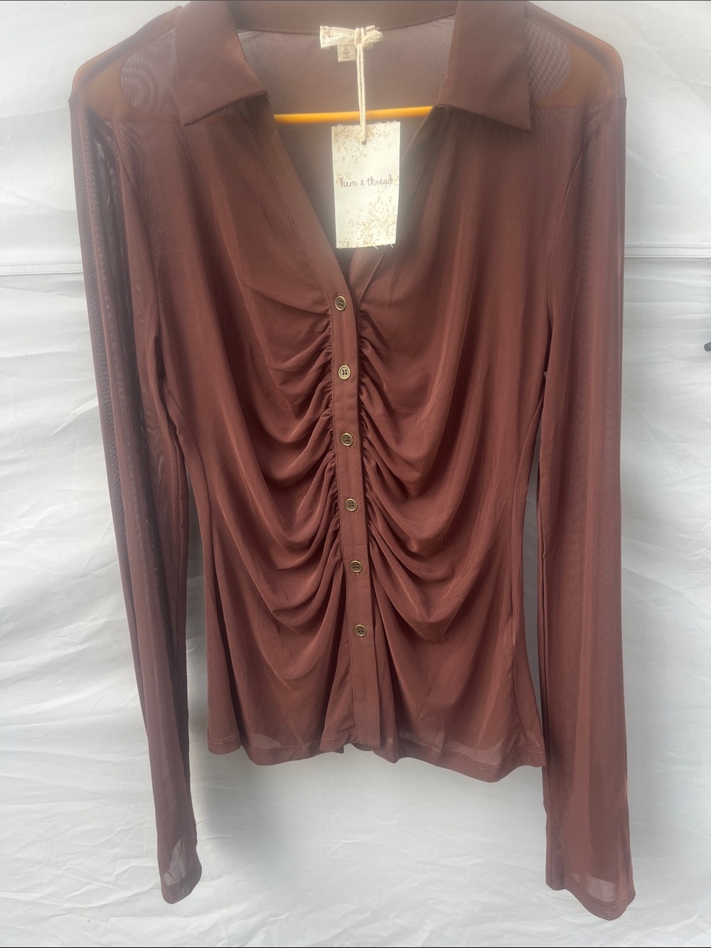 Hem & Thread Chocolate Brown Ruched Sheer Button-Front Shirt